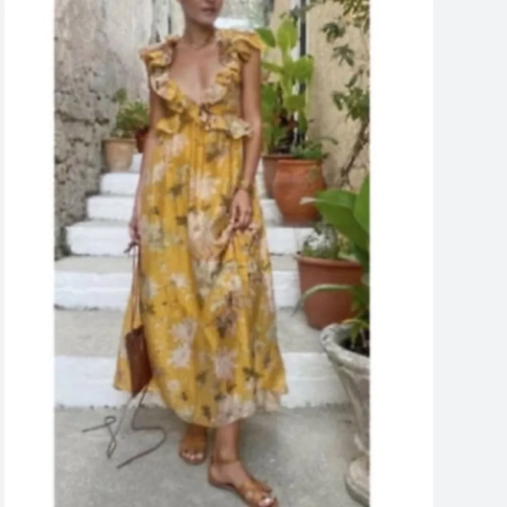 H&M Yellow Floral Ruffle Plunge Open Back Lyocell Midi Dress NWT - Picture 4 of 15